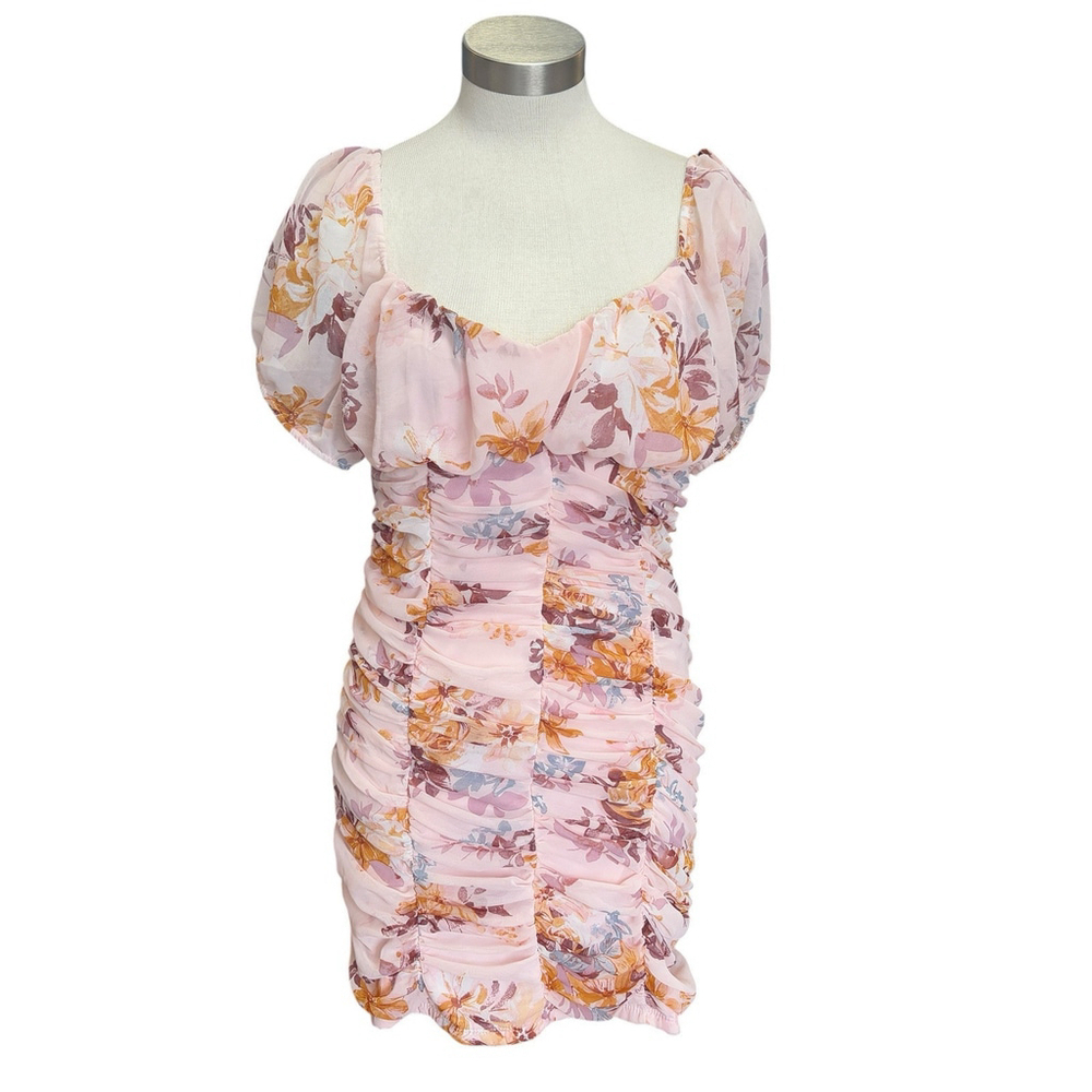 YaYa & Co Womens Fitted Shirred Floral Puff Sleeves Chiffon Romantic Sz. L - Picture 2 of 8